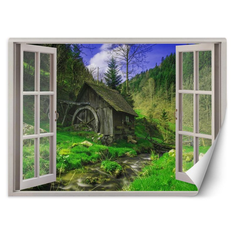 Fototapeta Feeby Widok z okna domek w górach potok 210x150 1 szt
