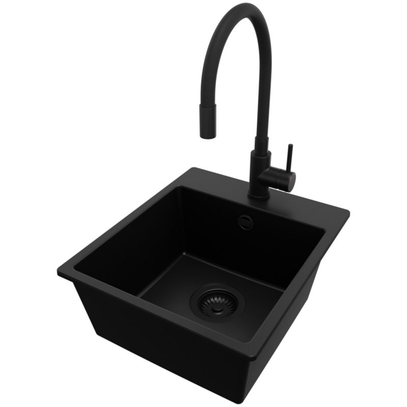 Zlewozmywak Granitowy Ryga Easy PRIMAGRAN Nablatowy 38x44cm do Szafki od 40cm, Cały Czarny + Bateria + Syfon, S028, 1 szt.