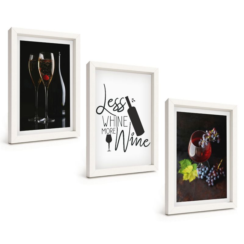 Trzyczęściowy Zestaw Obrazów ArtPrintCave 20x30 cm Biała rama Kieliszki wina winogrona napis 1 kpl.