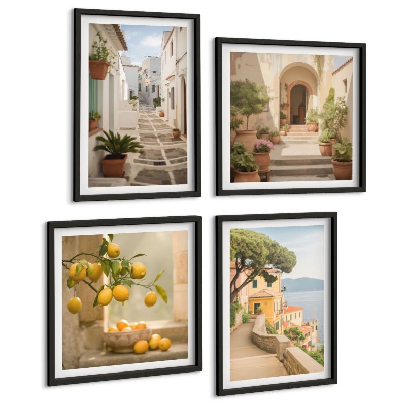 Komplet 4 Obrazów ArtPrintCave (2x50x50+2x40x60cm) Czarna rama Drzewo cytrusowe z okna nadmorskie 1 kpl.