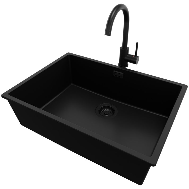 Zlewozmywak podblatowy Londyn PRIMAGRAN 66x47cm do Szafki od 70cm, Cały Czarny + Bateria 32x20cm + Syfon, S398, 1 szt.