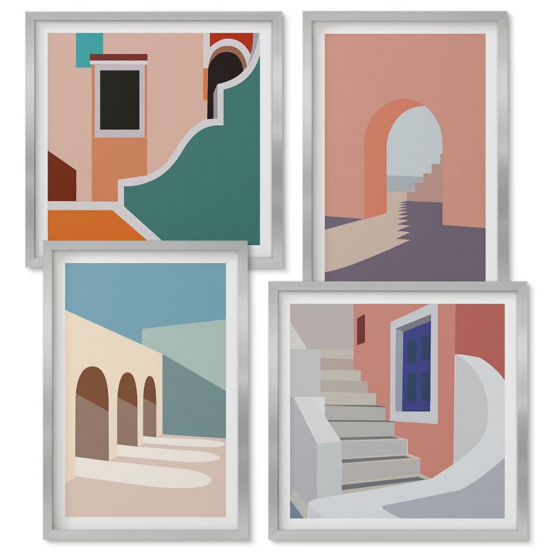 Obrazy Do Sypialni Wallfluent Pastelowe minimalistyczne grafiki Srebrna rama 4 szt.