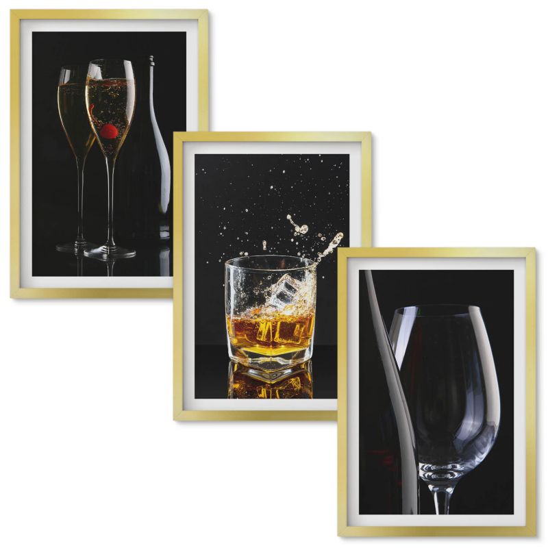 Obrazy do Salonu Wallfluent Kieliszki wina whisky tło czarne Złota rama 40x60 cm 3 szt.