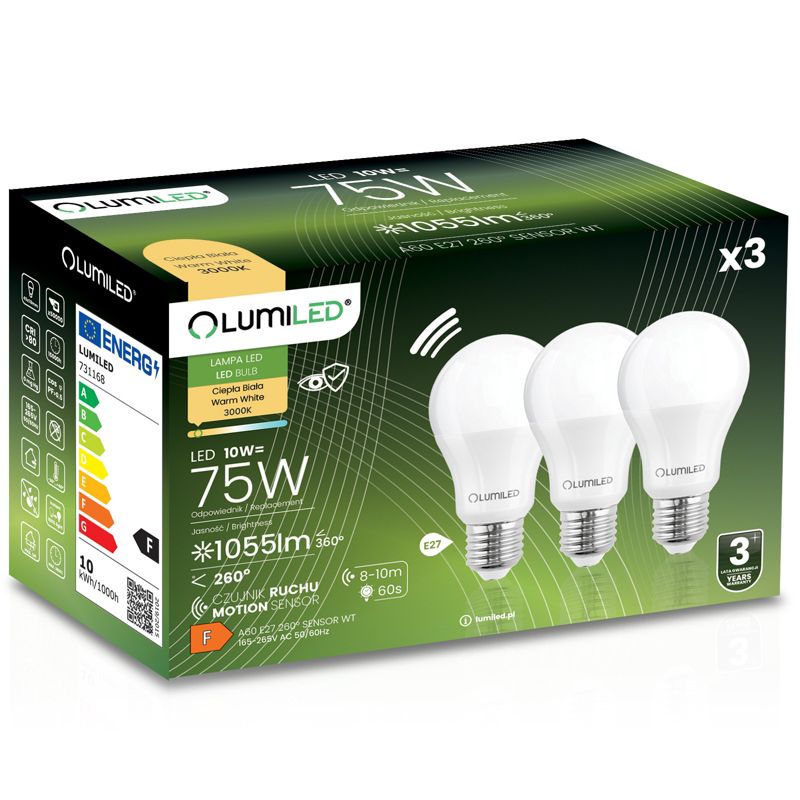Żarówka LED Lumiled E27 A60 10W 1055lm 3000K 260st z Czujnikiem Ruchu 3 szt.