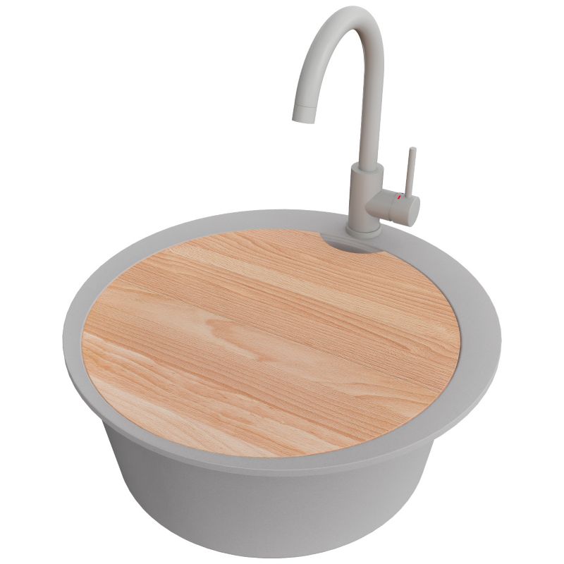 Zlewozmywak Granitowy Okrągły Piza PRIMAGRAN Nablatowy 53x53cm, Cały Szary + Bateria + Syfon + Akcesorium, S050, 1 szt.