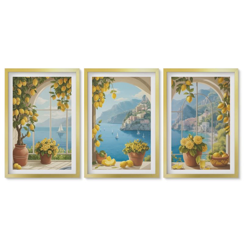 Zestaw 3 obrazów w złotych ramach Tulup 40x60 cm Krajobrazy morza cytryny okna Dekoracja ścienna do przedpokoju 1 kpl
