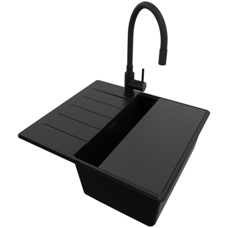 Zlewozmywak Granitowy Kopenhaga Top PRIMAGRAN Nablatowy 55x50cm, Cały Czarny + Bateria + Syfon + Akcesorium, S094, 1 szt.