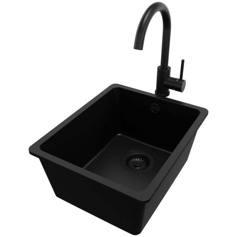 Zlewozmywak Granitowy Wenecja Easy Slim PRIMAGRAN Nablatowy 36x44cm, Cały Czarny + Bateria + Syfon, S010, 1 szt.
