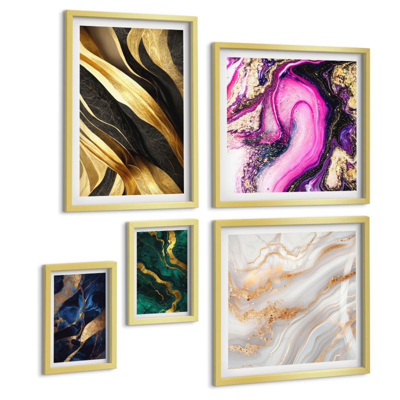 Zestaw Obrazów 5 Częściowy ArtPrintCave (2x50x50+2x20x30+40x60cm) Złota rama Abstrakcyjny marmur z farbami 1 kpl.