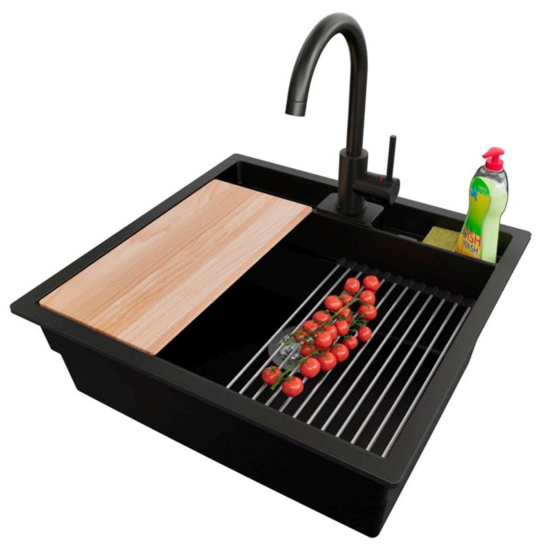 Zlewozmywak Granitowy Bergen Double Pocket PRIMAGRAN Nablatowy 56x54cm do Szafki od 60cm, Czarny + Bateria + Syfon, S101, 1 szt.