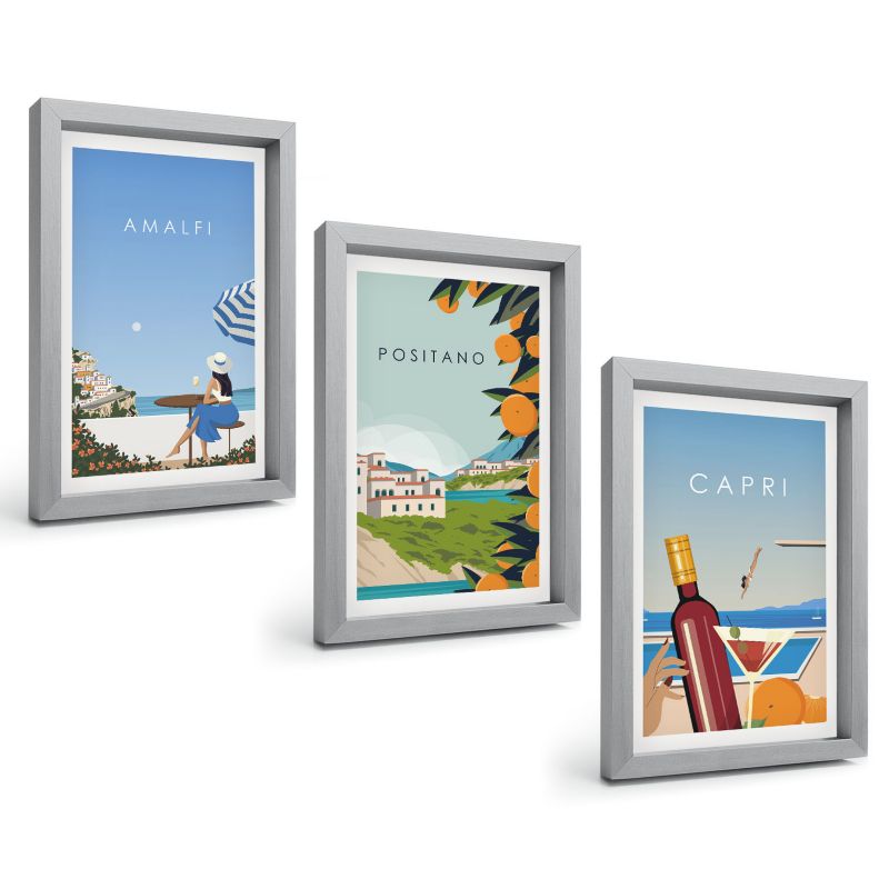 Galeria 3 Obrazów w Srebrnej Ramie ArtPrintCave 20x30 cm Komplet ścienny Amalfi Positano i Capri 1 kpl.