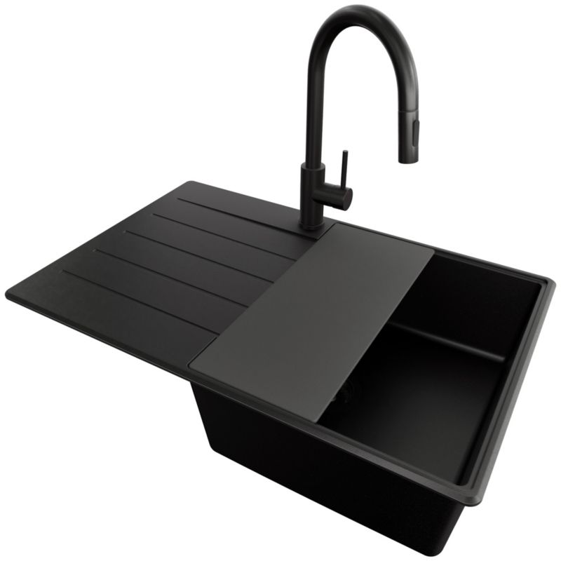 Zlewozmywak Granitowy Kopenhaga Top PRIMAGRAN Nablatowy 78x50cm, Cały Czarny + Bateria + Syfon + Akcesorium, S563, 1 szt.