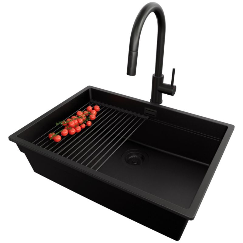 Zlewozmywak Granitowy Praga Level Slim PRIMAGRAN Nablatowy 66x47cm, Cały Czarny + Bateria + Syfon + Akcesorium, S459, 1 szt.