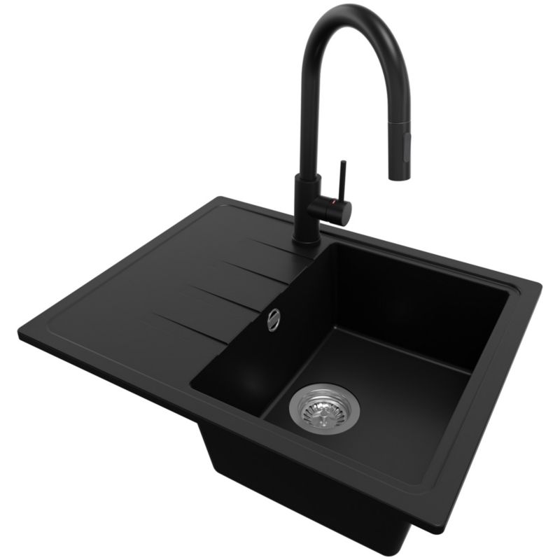 Zlewozmywak Granitowy Mediolan PRIMAGRAN Nablatowy 62x50cm do Szafki od 40cm, Czarny + Bateria 40x20cm + Syfon, S015, 1 szt.