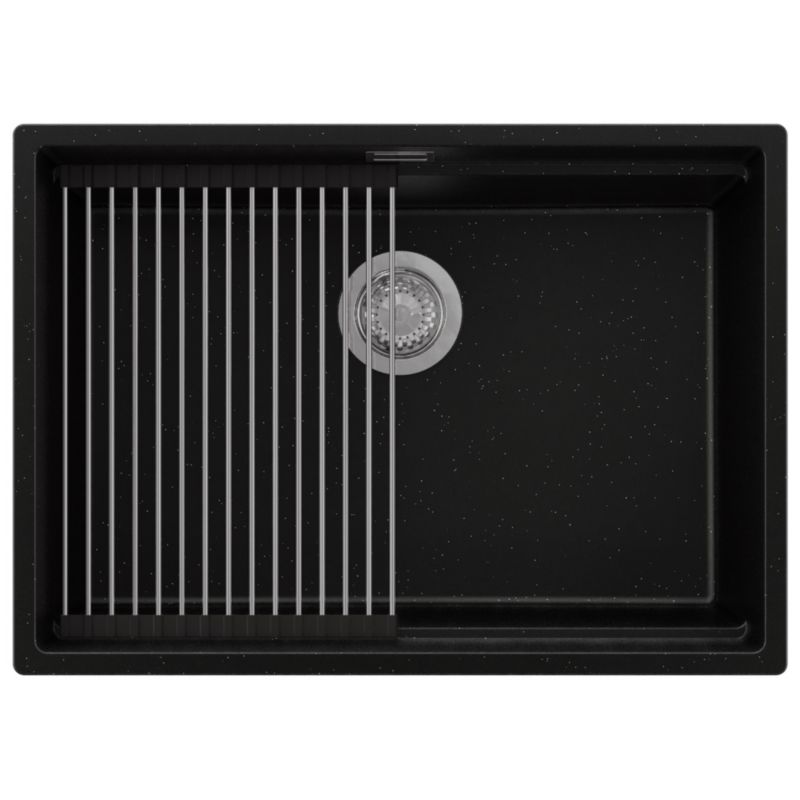 Zlewozmywak Praga Level Slim PRIMAGRAN Nablatowy 66x47cm do Szafki od 70cm, Czarny Metalik + Syfon + Akcesorium, S442, 1 szt.