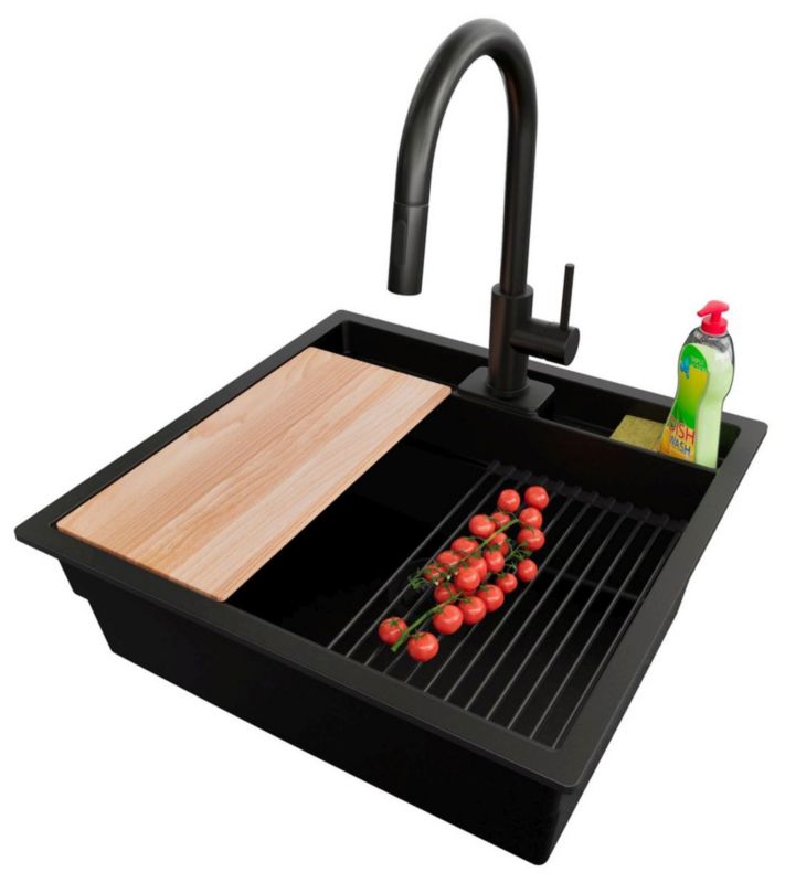 Zlewozmywak Granitowy Bergen Double Pocket PRIMAGRAN Nablatowy 56x54cm, Cały Czarny + Bateria + Syfon, S115, 1 szt.