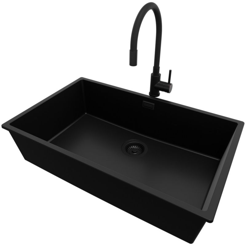Zlewozmywak Granitowy Londyn Slim PRIMAGRAN Nablatowy 76x47cm do Szafki od 80cm, Cały Czarny + Bateria + Syfon, S504, 1 szt.