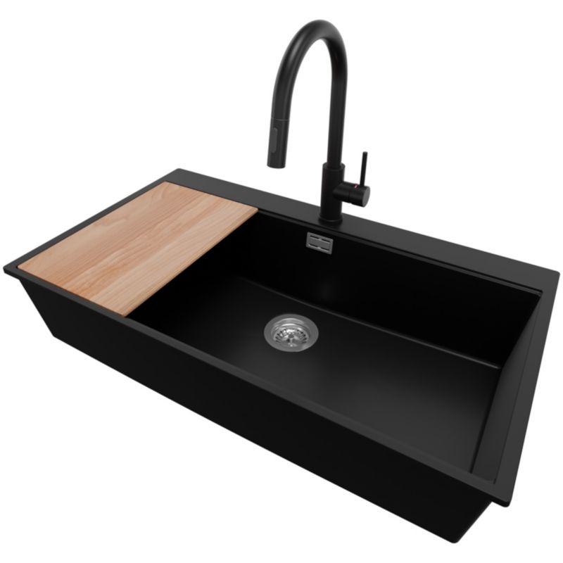 Zlewozmywak Granitowy Oslo 90 Top PRIMAGRAN Nablatowy 88x50cm do Szafki od 90cm, Czarny + Bateria + Syfon + Deska, S723, 1 szt.