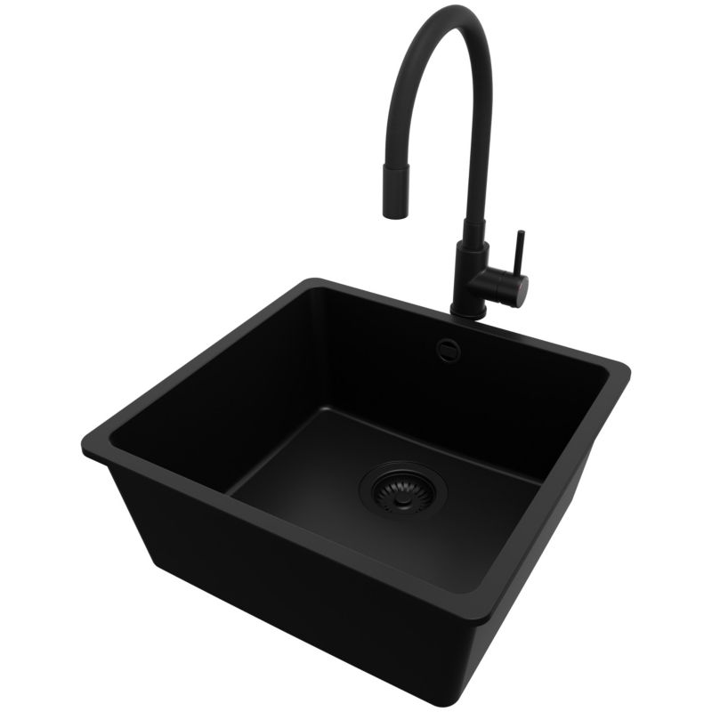 Zlewozmywak Granitowy Wenecja Easy Slim PRIMAGRAN Nablatowy 46x44cm, Cały Czarny + Bateria + Syfon, S054, 1 szt.