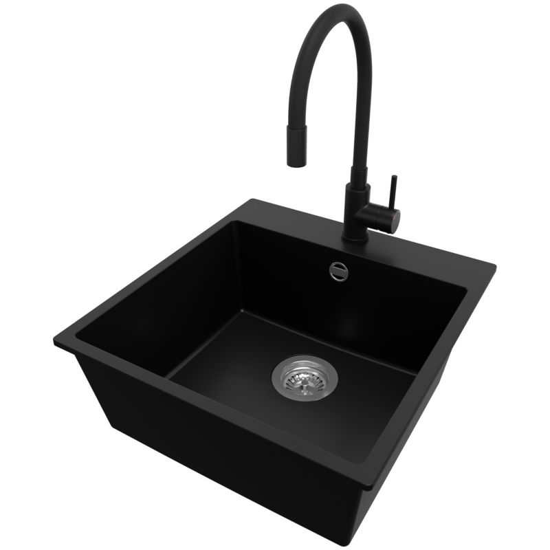 Zlewozmywak Granitowy Ryga PRIMAGRAN Nablatowy 48x50cm do Szafki od 50cm, Czarny + Bateria 38x14cm + Syfon, S241, 1 szt.