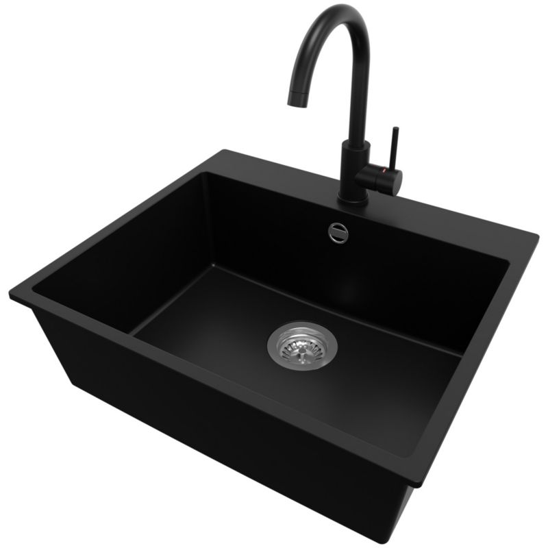 Zlewozmywak Granitowy Ryga PRIMAGRAN Nablatowy 58x50cm do Szafki od 60cm, Czarny + Bateria 32x20cm + Syfon, S315, 1 szt.