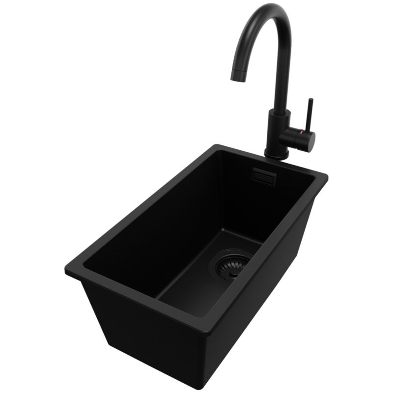 Zlewozmywak Granitowy Londyn Slim PRIMAGRAN Nablatowy 26x47cm do Szafki od 30cm, Cały Czarny + Bateria + Syfon, S010, 1 szt.