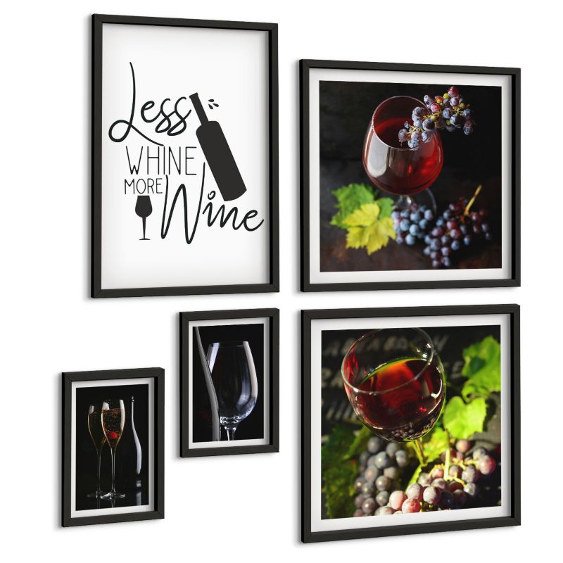 Pięcioczęściowy Zestaw Obrazów ArtPrintCave (2x50x50+2x20x30+40x60cm) Czarna rama Kieliszki wina winogrona napis 1 kpl.