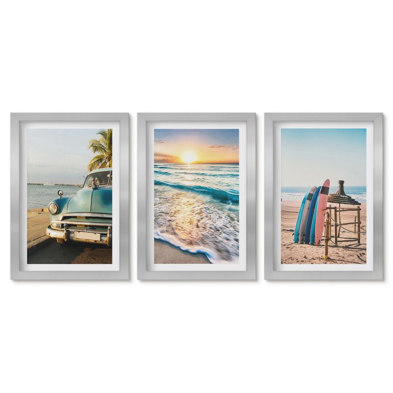 Komplet obrazów srebrna rama Tulup 20x30 cm Wakacje Miami zachód słońca Tryptyk 1 kpl