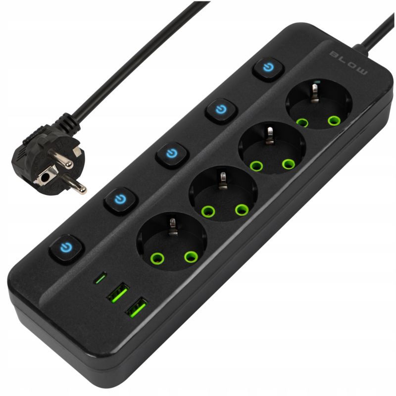 Przedłużacz sieciowy BLOW listwa zasilająca włącznik 2x USB 4 gniazda uziemienie USB-C 1 szt.