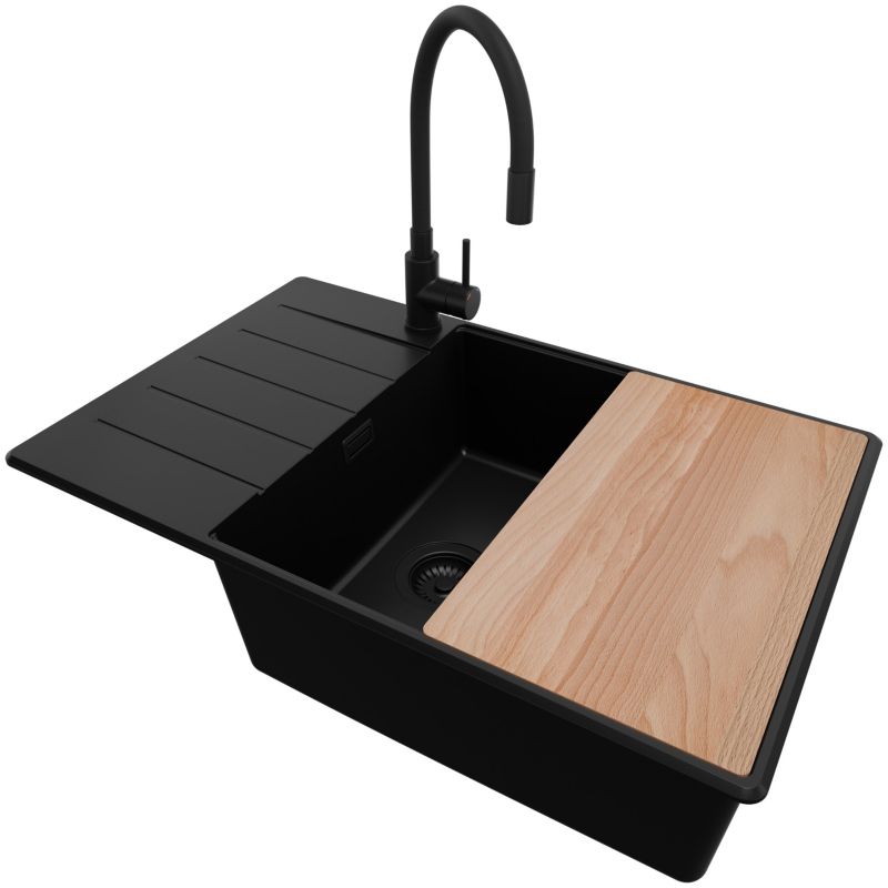 Zlewozmywak Granitowy Kopenhaga Top PRIMAGRAN Nablatowy 78x50cm, Cały Czarny + Bateria + Syfon + Akcesorium, S648, 1 szt.