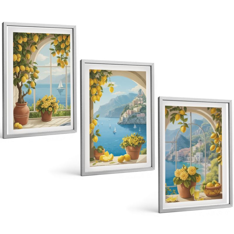 Zestaw 3 Obrazów w Srebrnej Ramie ArtPrintCave 40x60 cm Galeria Ścienna Krajobrazy morza cytryny okna 1 kpl.