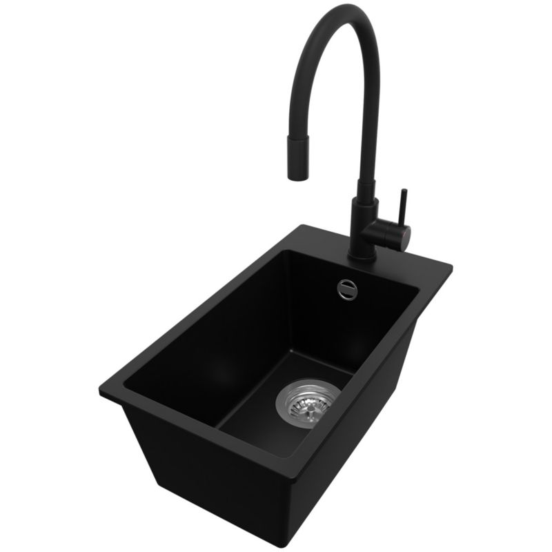 Zlewozmywak Granitowy Ryga PRIMAGRAN Nablatowy 28x50cm do Szafki od 30cm, Czarny + Bateria 38x14cm + Syfon, S027, 1 szt.