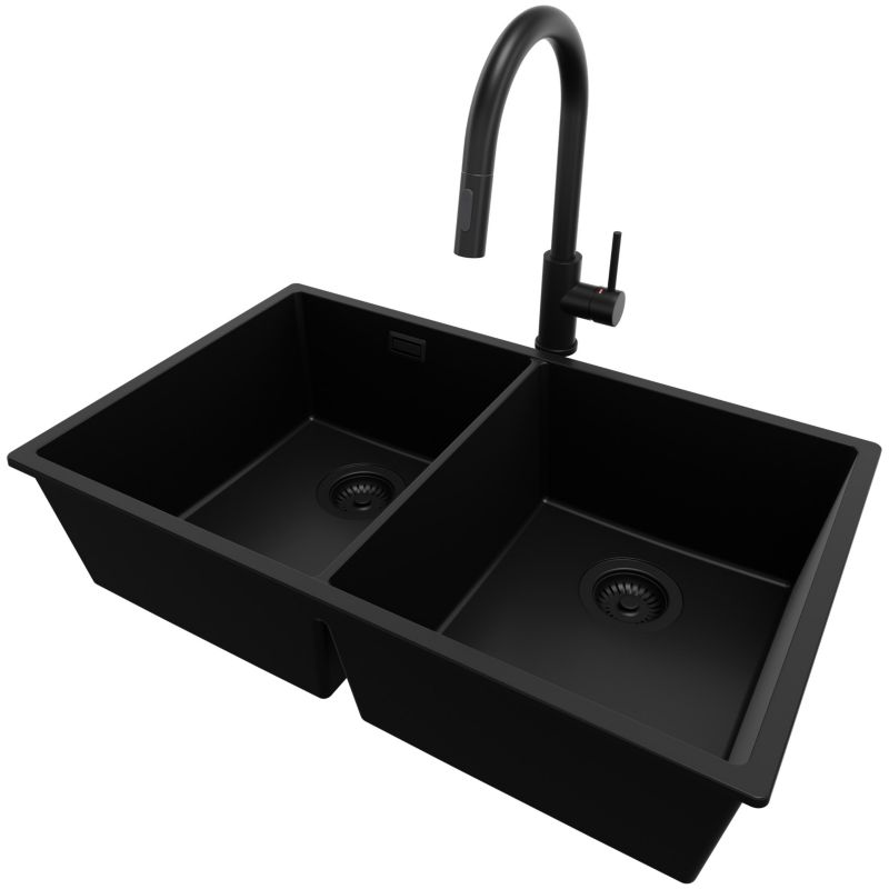 Zlewozmywak Granitowy Londyn Twin Slim PRIMAGRAN Nablatowy 76x47cm do Szafki od 80cm, Cały Czarny + Bateria + Syfon, S020, 1 szt.