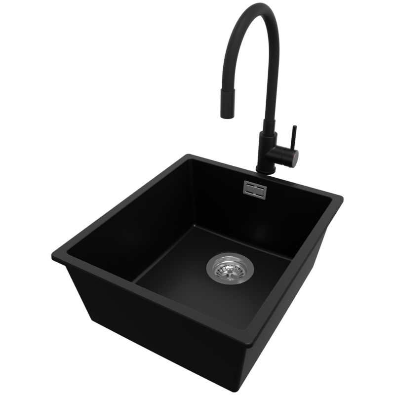 Zlewozmywak Granitowy Londyn Slim PRIMAGRAN Nablatowy 41x47cm do Szafki od 45cm, Czarny + Bateria 38x14cm + Syfon, S143, 1 szt.