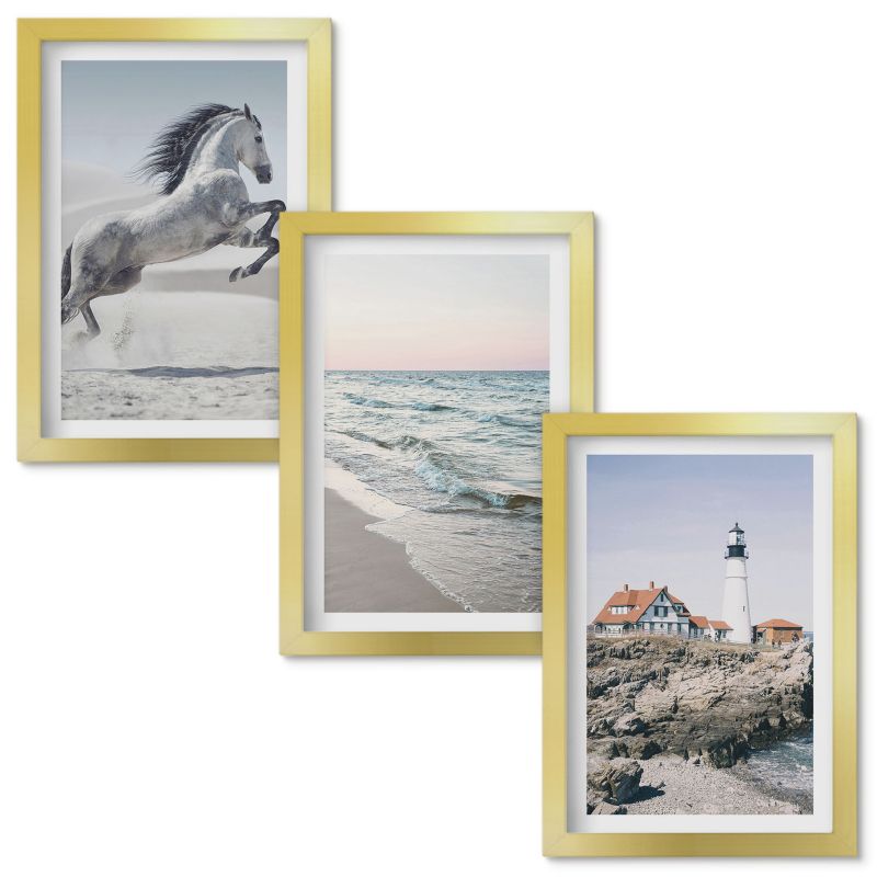 Obraz Ścienny Zestaw Wallfluent Konie plaża latarnia fale Złota rama 20x30cm 3 szt.