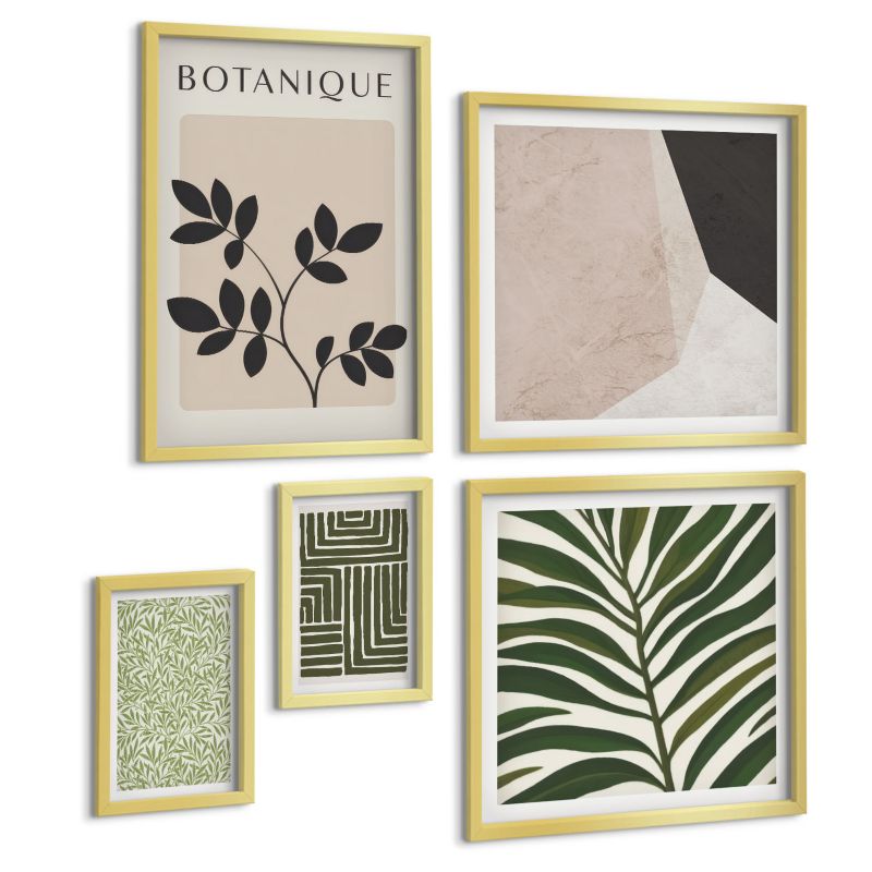 Zestaw 5 Obrazów ArtPrintCave (2x50x50+2x20x30+40x60cm) Złota rama Botaniczne kompozycje boho 1 kpl.