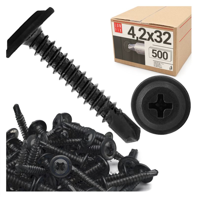Wkręty do metalu Lun Fix samowiercące fosfatowane z łbem podkładkowym 4,2x32mm 500szt.