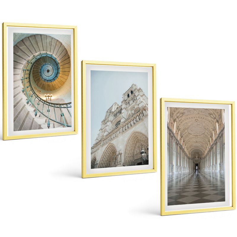 Komplet 3 Obrazów w Złotej Ramie ArtPrintCave 40x60 cm Grafika Ścienna Schody spiralne katedry fasada 1 kpl.