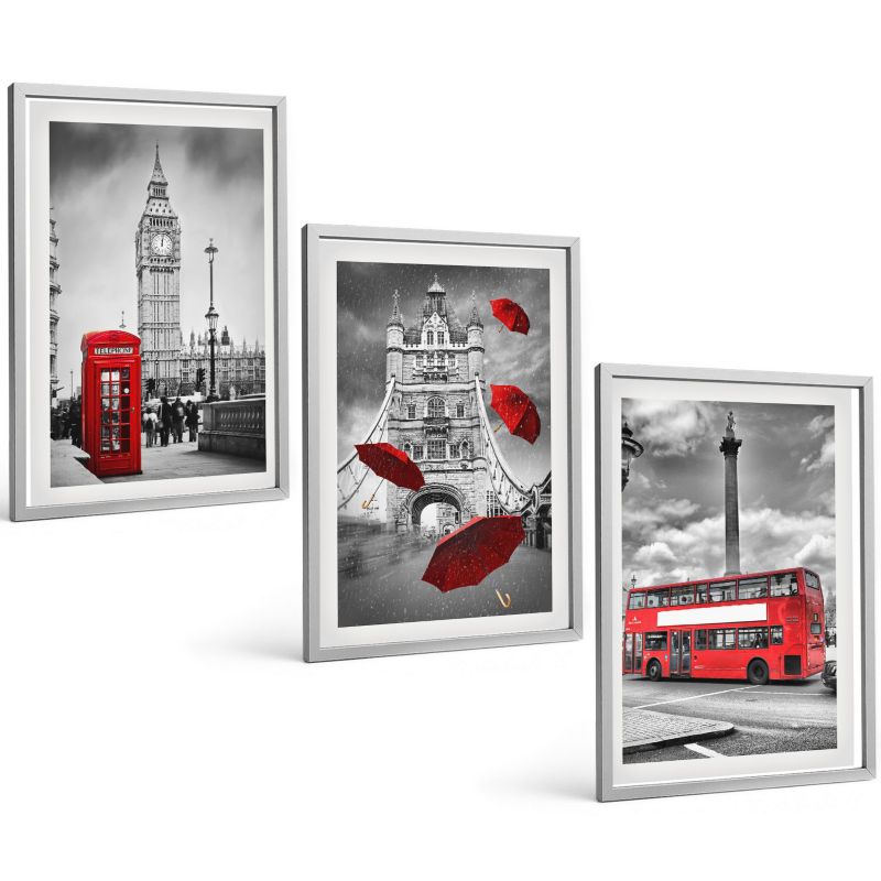 Galeria 3 Obrazów w Srebrnej Ramie ArtPrintCave 40x60 cm Komplet ścienny Czerwona budka parasolka i autobus Londyn 1 kpl.