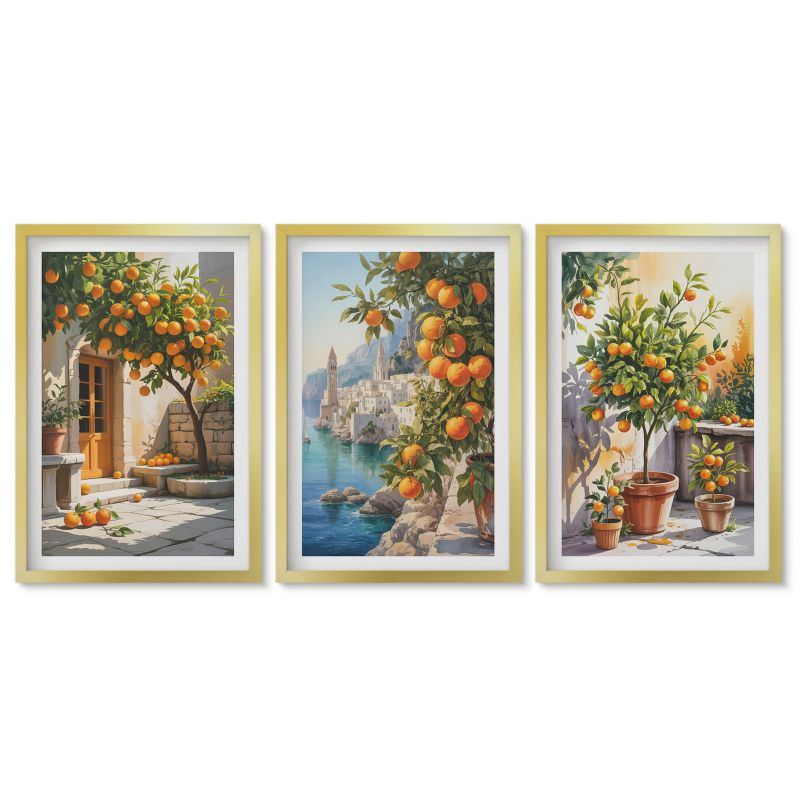 Zestaw 3 obrazów w złotych ramach Tulup 40x60 cm Malowane cytrusy krajobrazy Tryptyk 1 kpl
