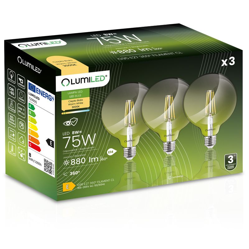 Żarówka LED Lumiled E27 Kula G95 8W 880lm 3000K 360st Filament 3 szt.