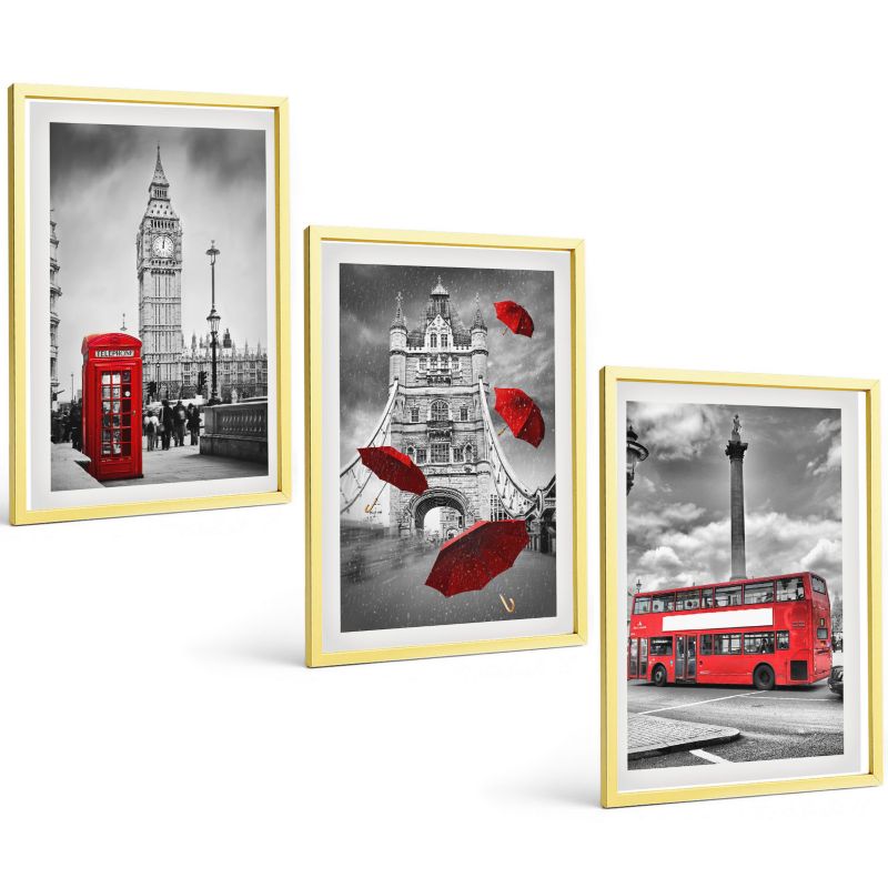 Galeria 3 Obrazów w Złotej Ramie ArtPrintCave 40x60 cm Komplet ścienny Czerwona budka parasolka i autobus Londyn 1 kpl.