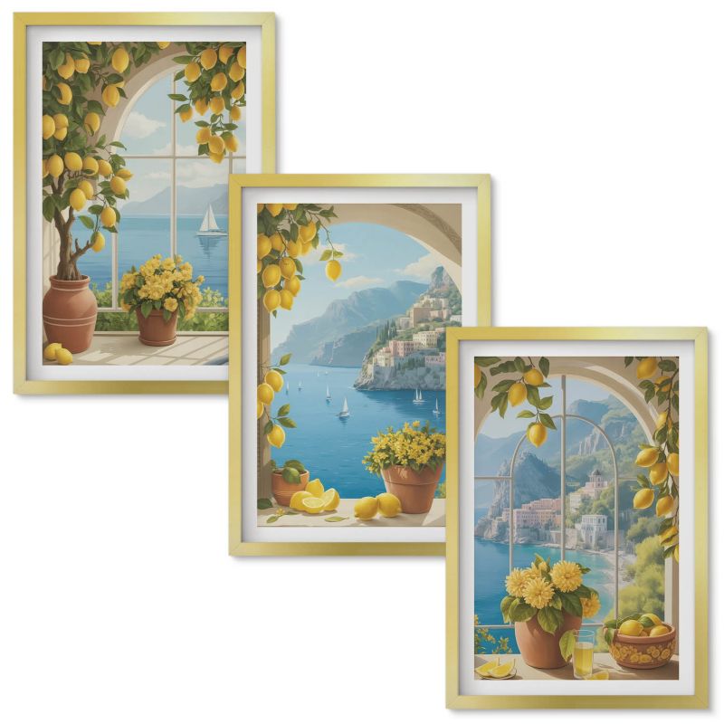 Set Obrazów w Ramie Wallfluent Krajobrazy morza cytryny okna Złota rama 40x60 cm 3 szt.