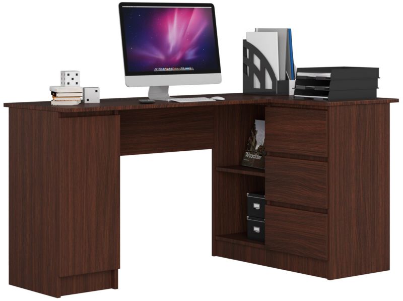 Biurko narożne Akord B20 Wenge 155 cm prawe 1 drzwi 3 szuflady kolor Wenge mat 4 półki 155x85x77 cm 1 szt.