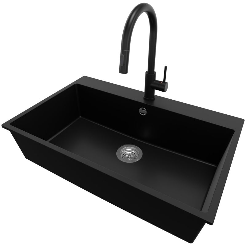 Zlewozmywak Granitowy Ryga PRIMAGRAN Nablatowy 78x50cm do Szafki od 80cm, Czarny + Bateria 40x20cm + Syfon, S413, 1 szt.