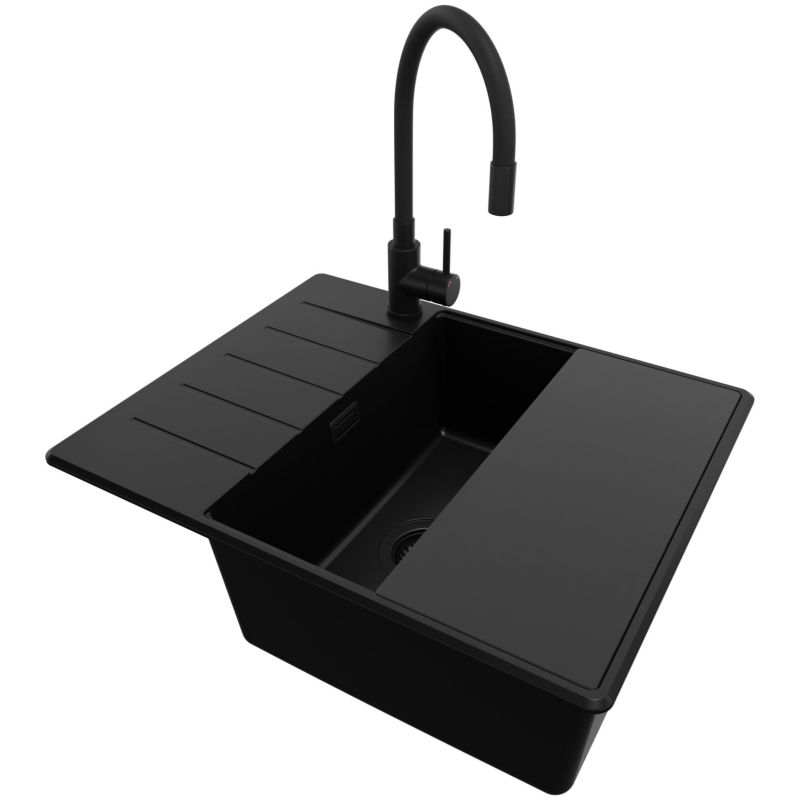 Zlewozmywak Granitowy Kopenhaga Top PRIMAGRAN Nablatowy 62x50cm, Cały Czarny + Bateria + Syfon + Akcesorium, S470, 1 szt.