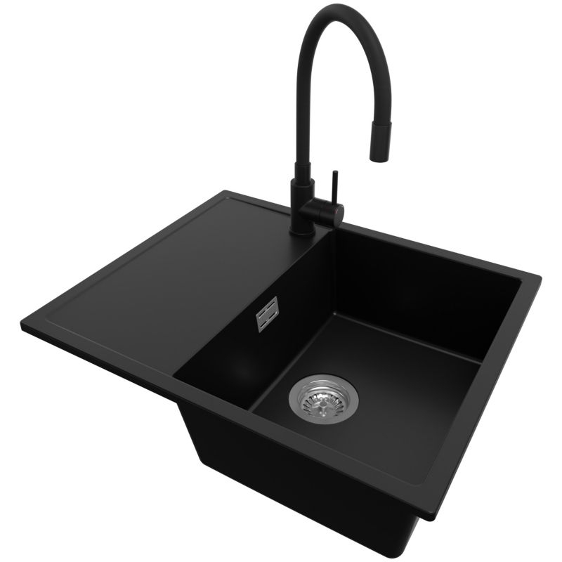 Zlewozmywak Granitowy Ibiza PRIMAGRAN Nablatowy 62x50cm do Szafki od 45cm, Czarny + Bateria 38x14cm + Syfon, S021, 1 szt.