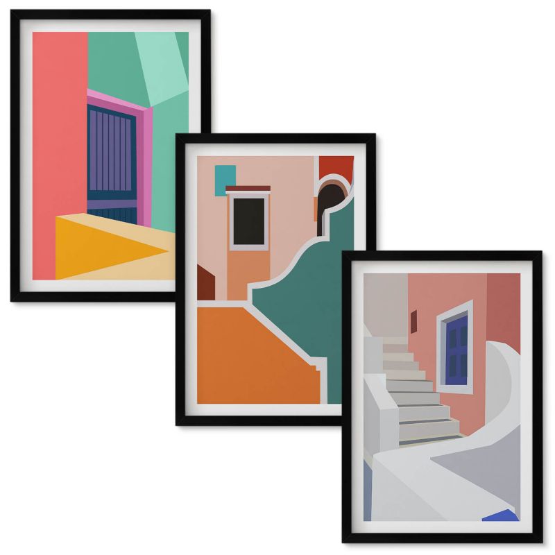 Tryptyk Obrazów w Ramie Wallfluent Kolorowe ilustracje budynków Czarna rama 40x60 cm 3 szt.