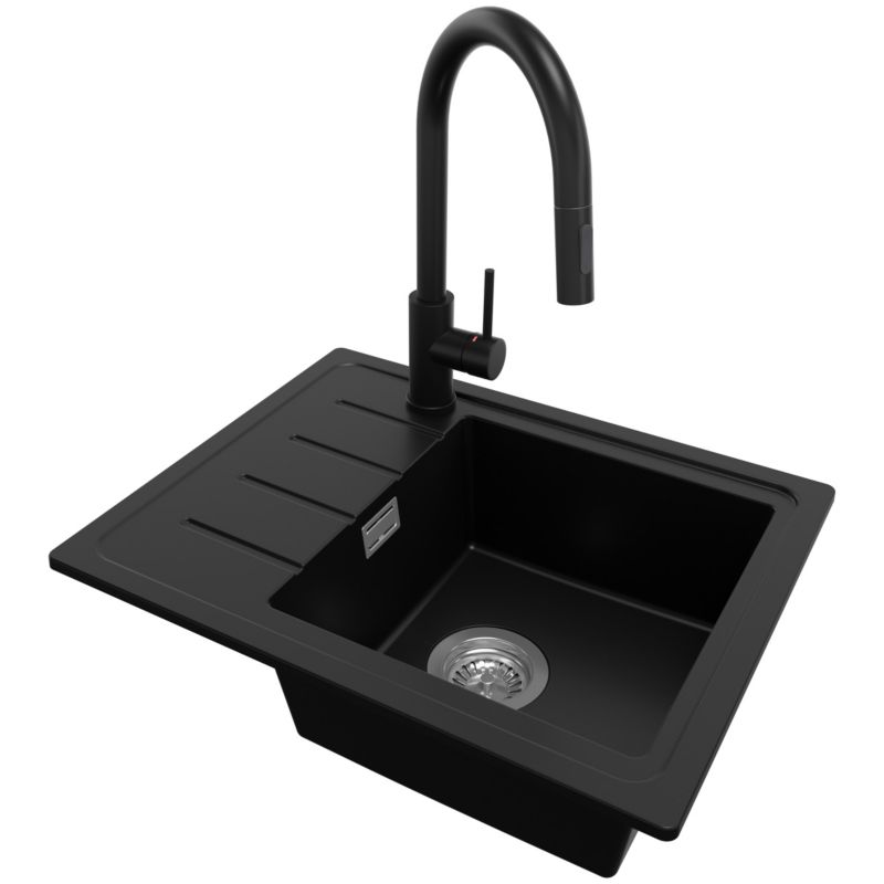 Zlewozmywak Granitowy Kopenhaga Easy PRIMAGRAN Nablatowy 55x44cm do Szafki od 45cm, Czarny + Bateria + Syfon, S019, 1 szt.