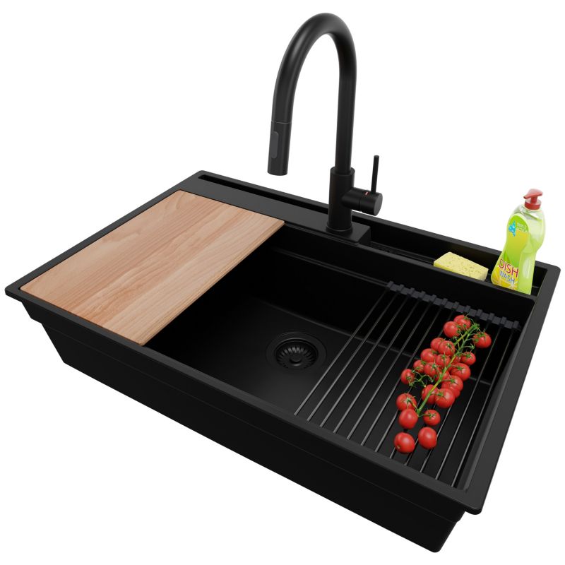 Zlewozmywak Granitowy Oslo Pocket PRIMAGRAN Nablatowy 78x53cm do Szafki od 80cm, Cały Czarny + Bateria + Syfon, S355, 1 szt.
